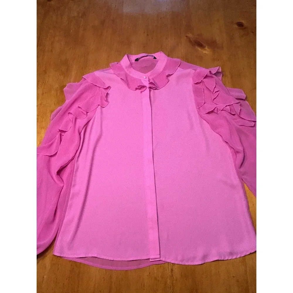 Zara Coquette Barbiecore Pink Ruffle Sleeve Blouse Chiffon Button Down Top